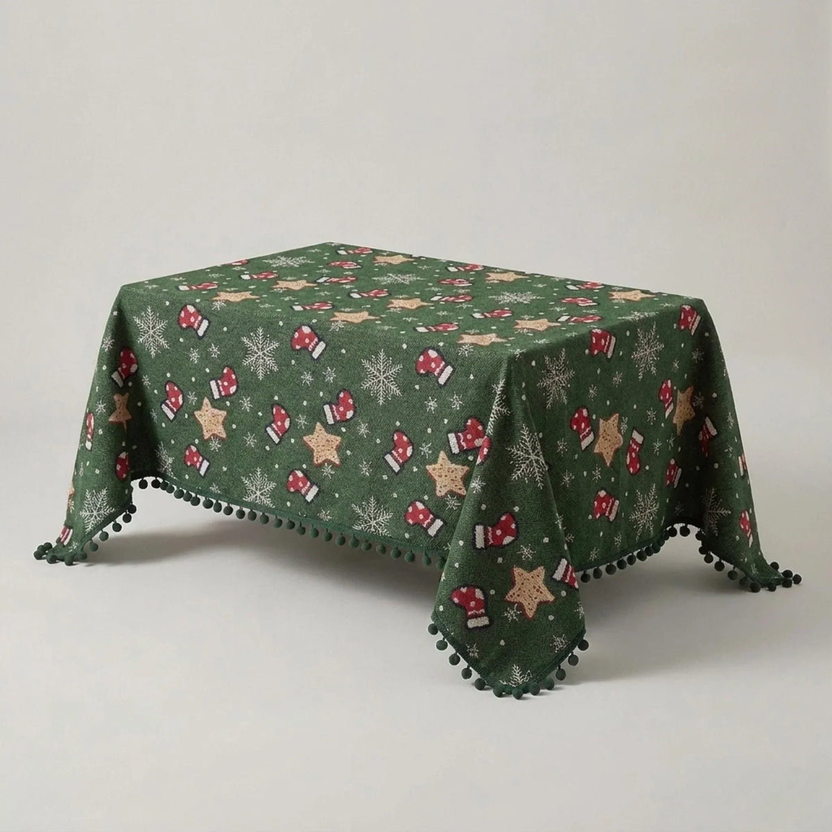 Tablecloth Festive Snowflake & Stocking Pompom Fringe