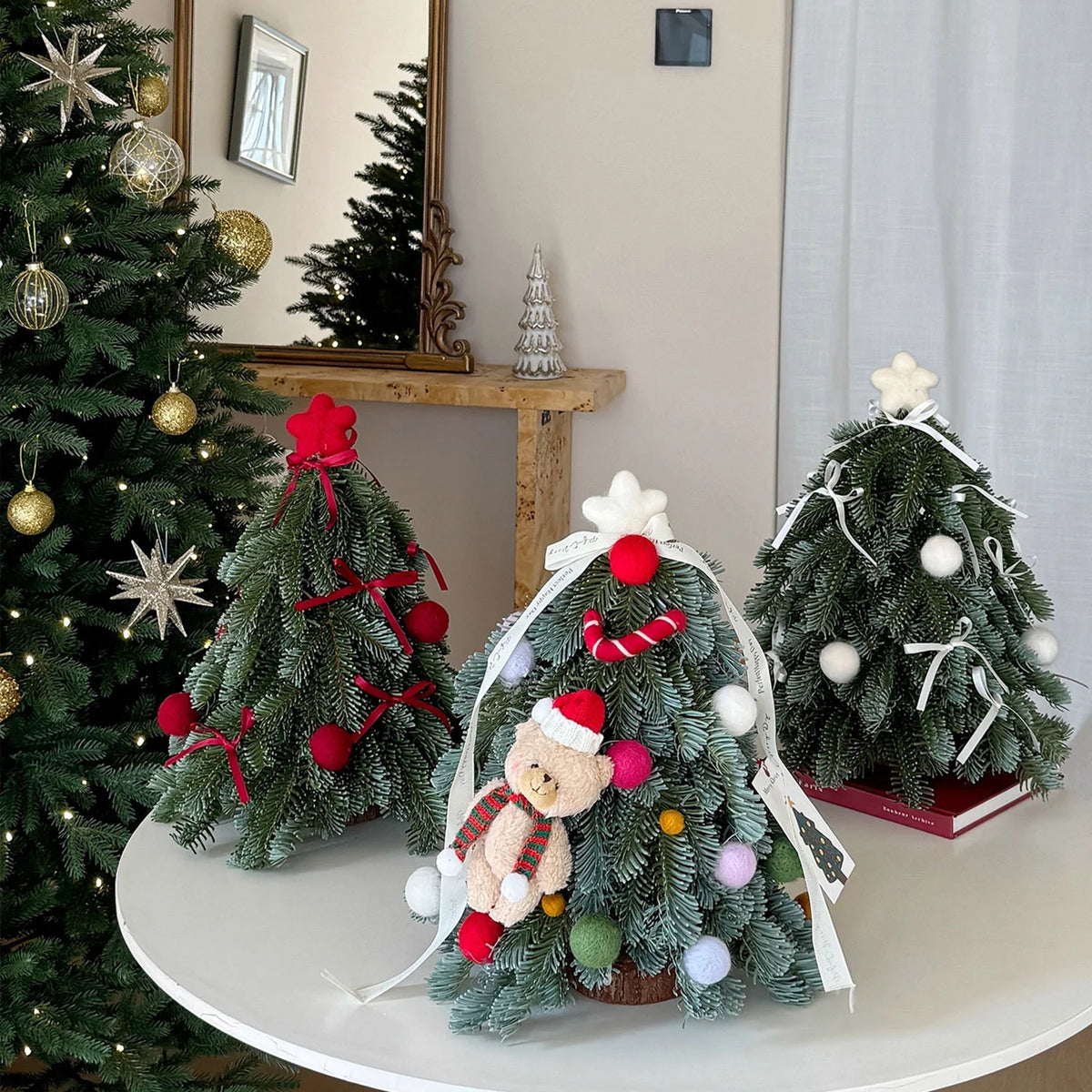 Tabletop Christmas Tree 35cm Red Bows & Felt Ornaments