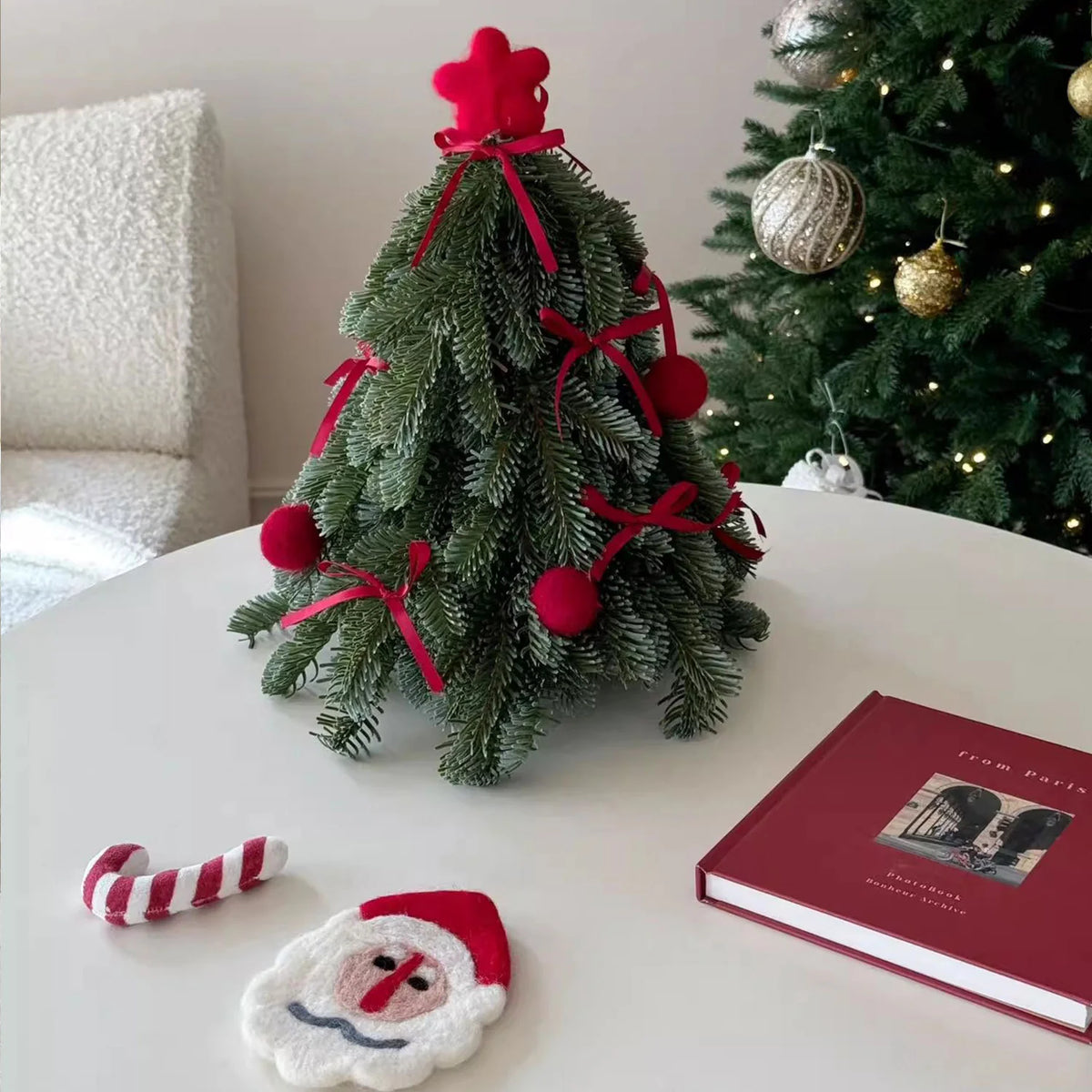 Tabletop Christmas Tree 35cm Red Bows & Felt Ornaments