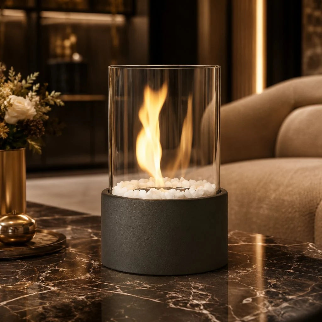 Tabletop Ethanol Fire Bowl Glass Cylinder & Marble Base