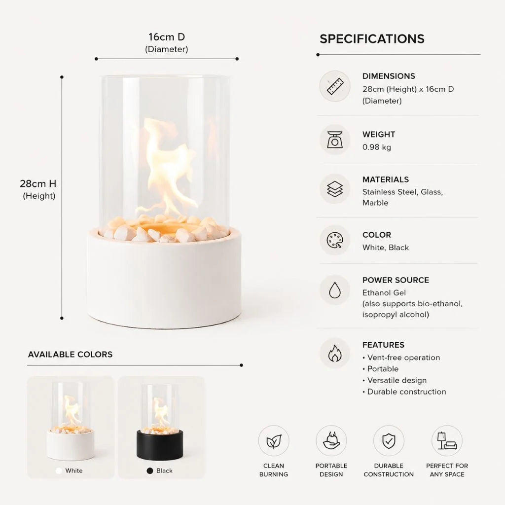 Tabletop Ethanol Fire Bowl Glass Cylinder & Marble Base