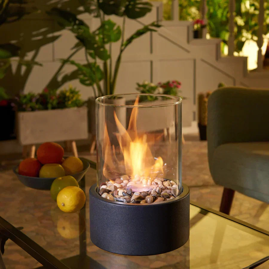 Tabletop Ethanol Fireplace Smoke-Free Metal Base & Glass Cylinder