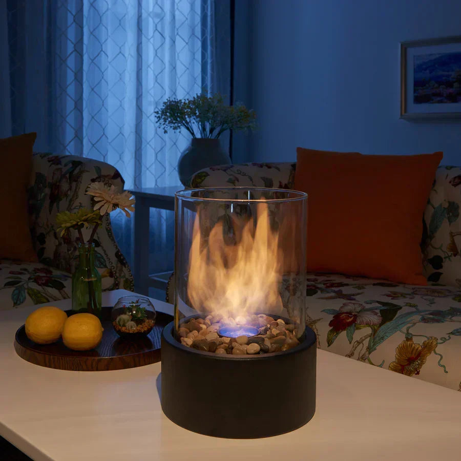 Tabletop Ethanol Fireplace Smoke-Free Metal Base & Glass Cylinder