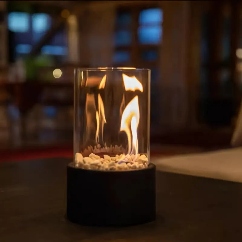 Tabletop Ethanol Fireplace Smoke-Free Metal Base & Glass Cylinder