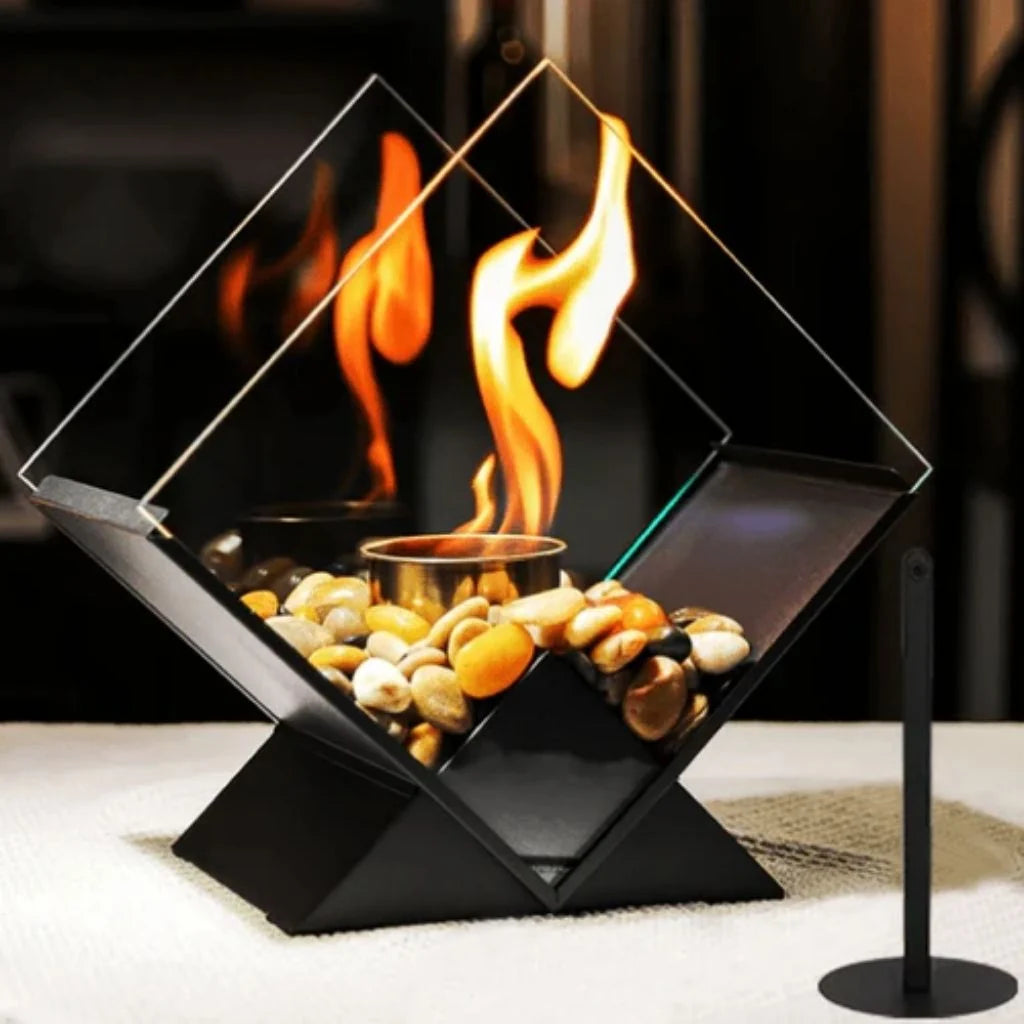 Tabletop Fireplace Smoke-Free Bioethanol Glass Panels & River Stones