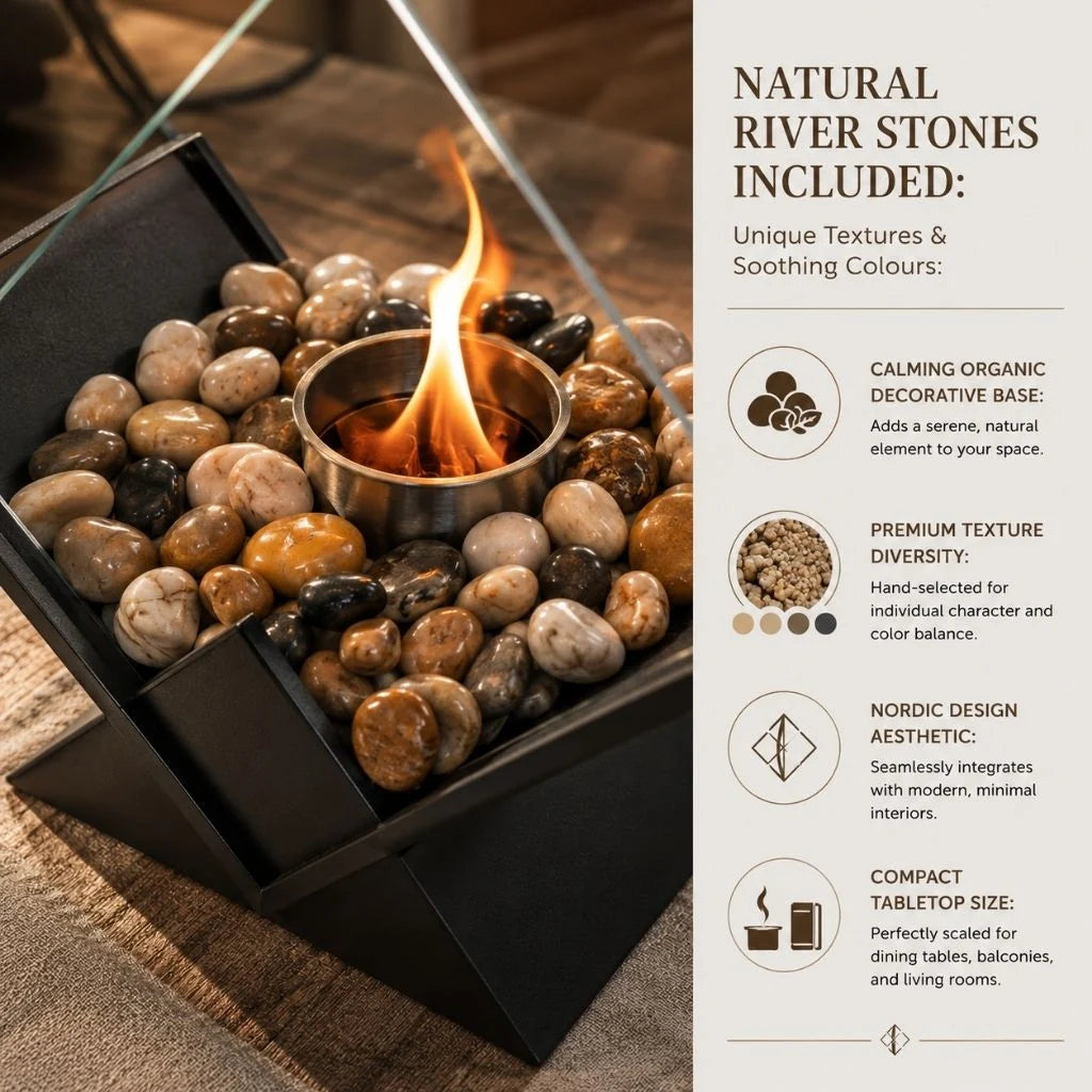 Tabletop Fireplace Smoke-Free Bioethanol Glass Panels & River Stones