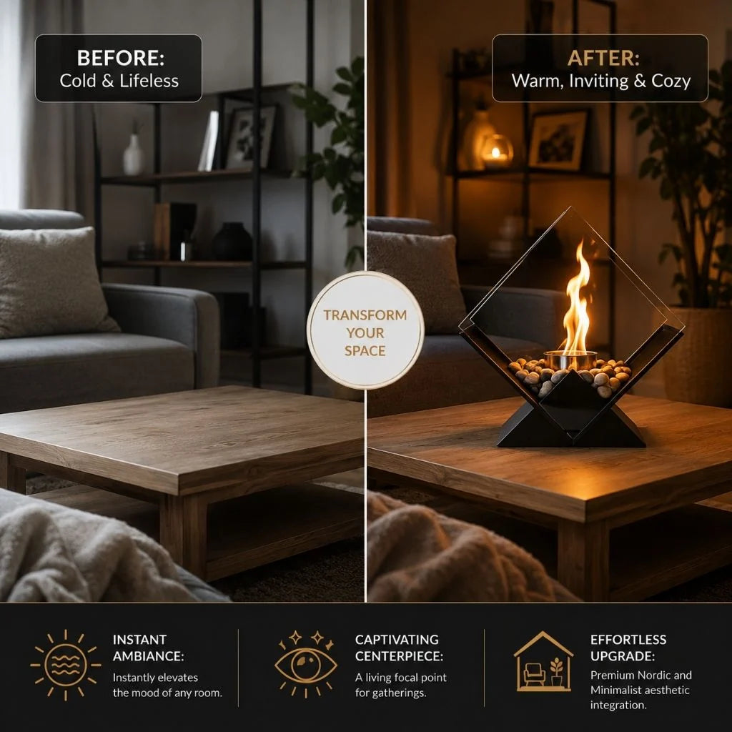 Tabletop Fireplace Smoke-Free Bioethanol Glass Panels & River Stones