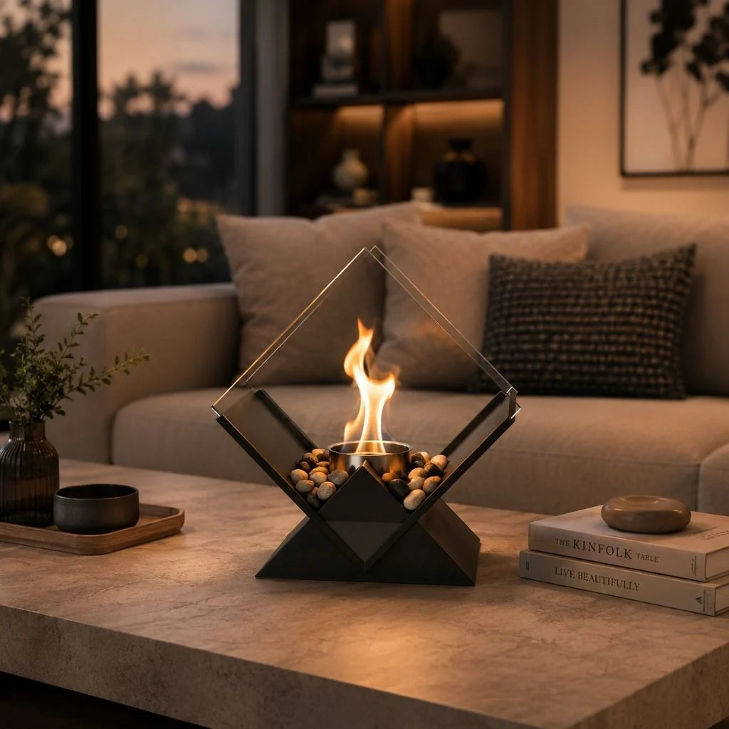Tabletop Fireplace Smoke-Free Bioethanol Glass Panels & River Stones