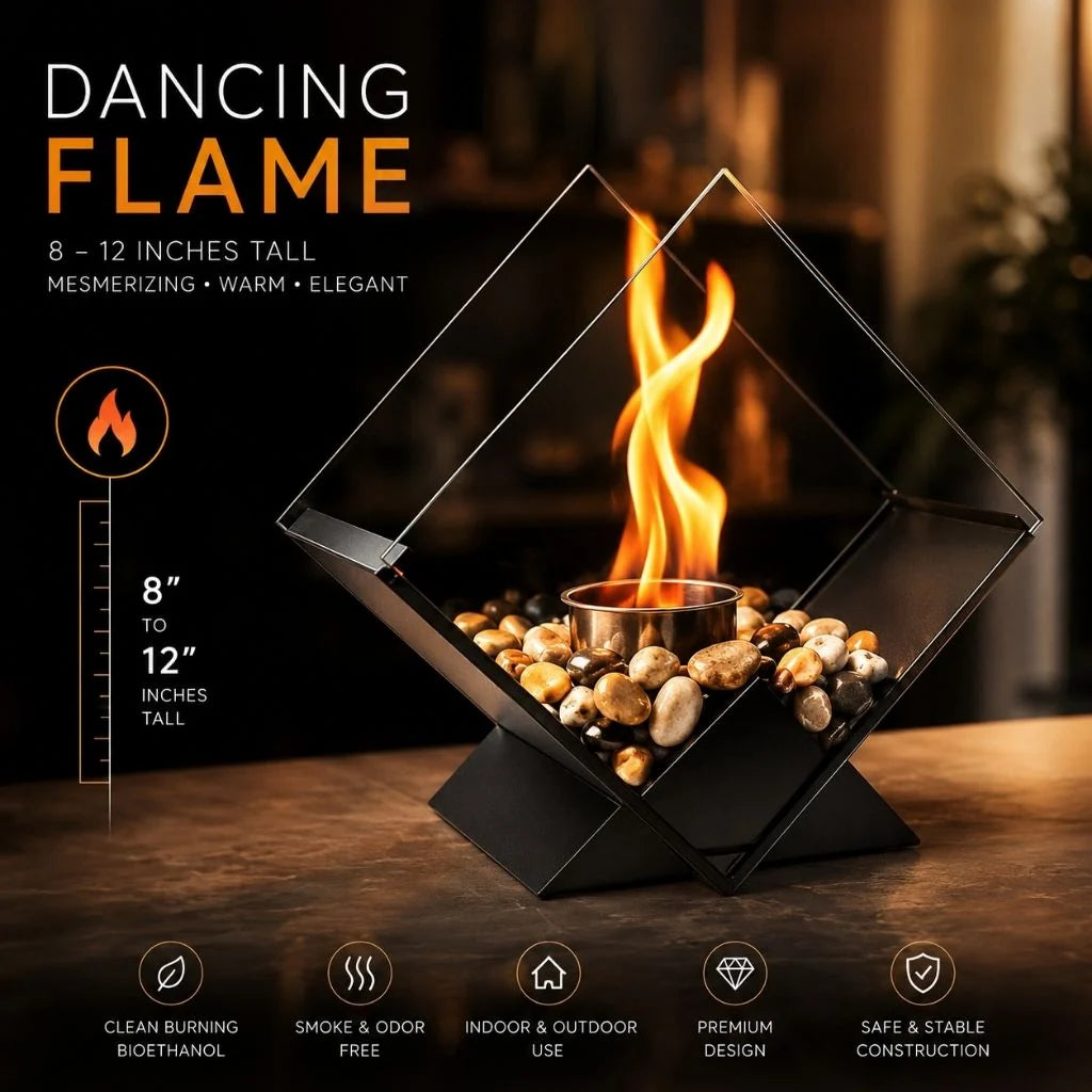 Tabletop Fireplace Smoke-Free Bioethanol Glass Panels & River Stones