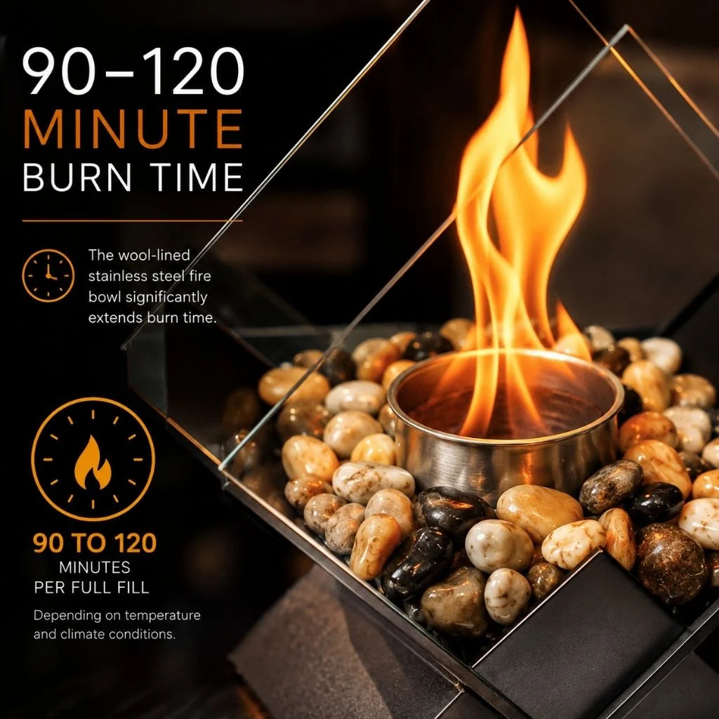 Tabletop Fireplace Smoke-Free Bioethanol Glass Panels & River Stones