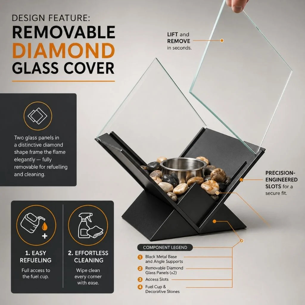 Tabletop Fireplace Smoke-Free Bioethanol Glass Panels & River Stones