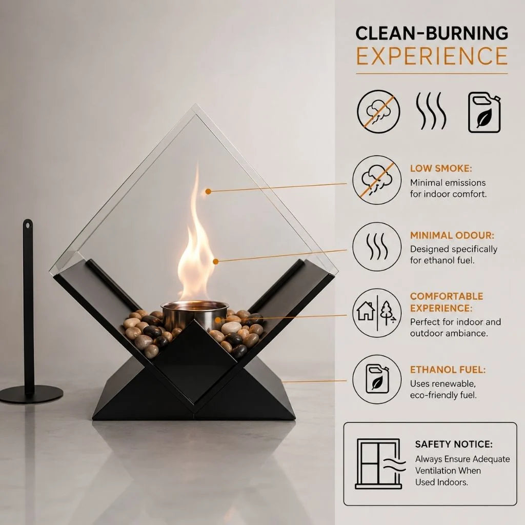 Tabletop Fireplace Smoke-Free Bioethanol Glass Panels & River Stones