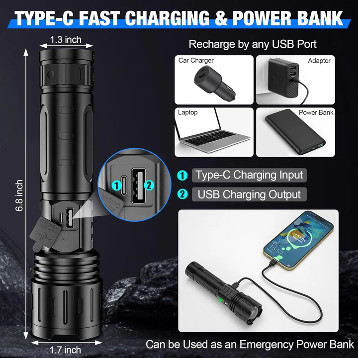 Tactical Flashlight 100,000 Lumens 1,000 Meter Beam IPX5 Waterproof