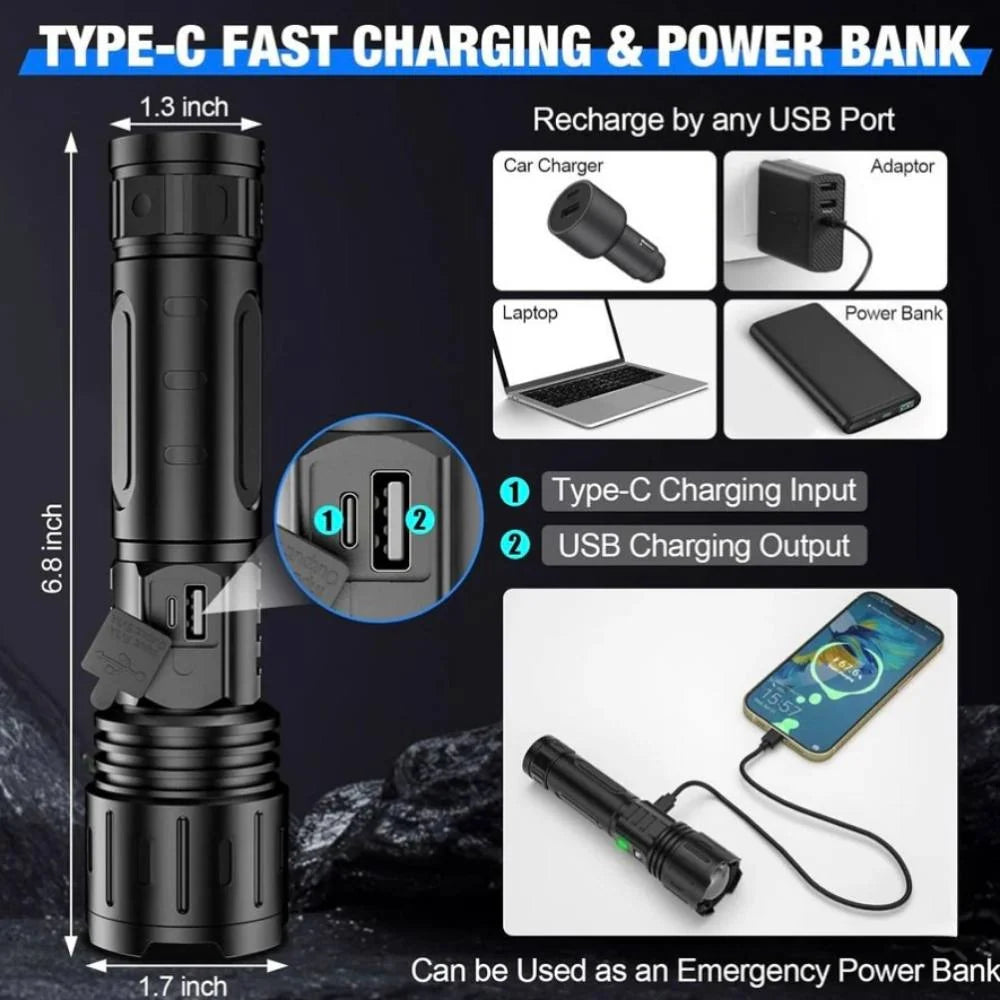 Tactical Flashlight 100000 Lumen Rechargeable