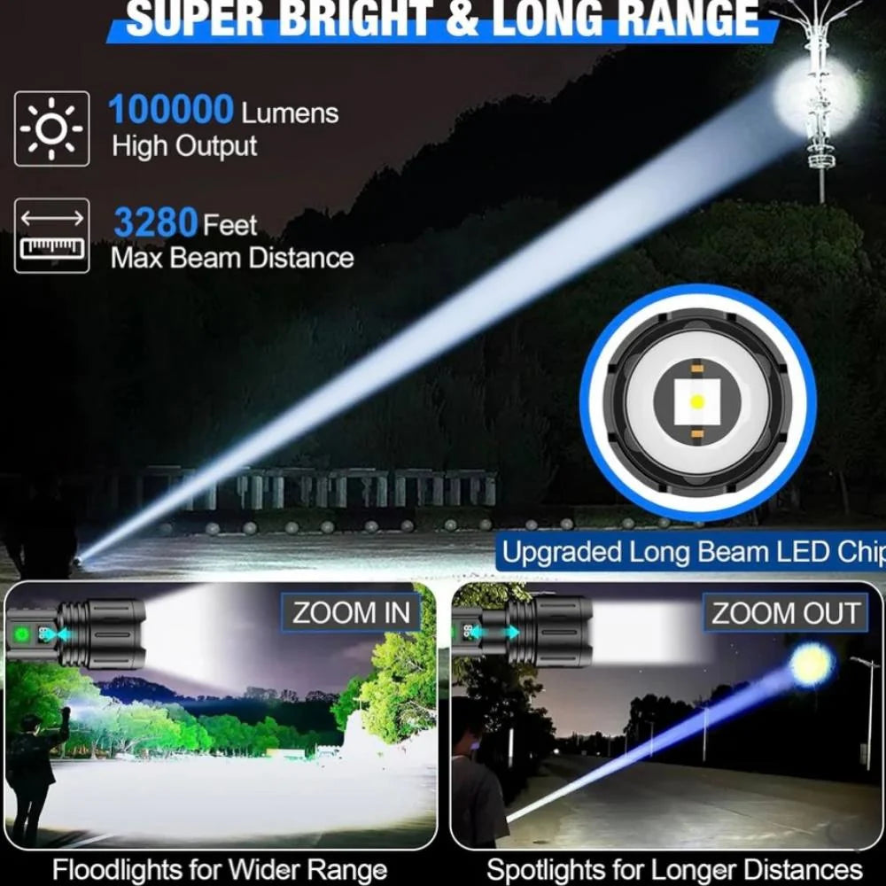 Tactical Flashlight 100000 Lumens Rechargeable 5000mAh Aluminum Body