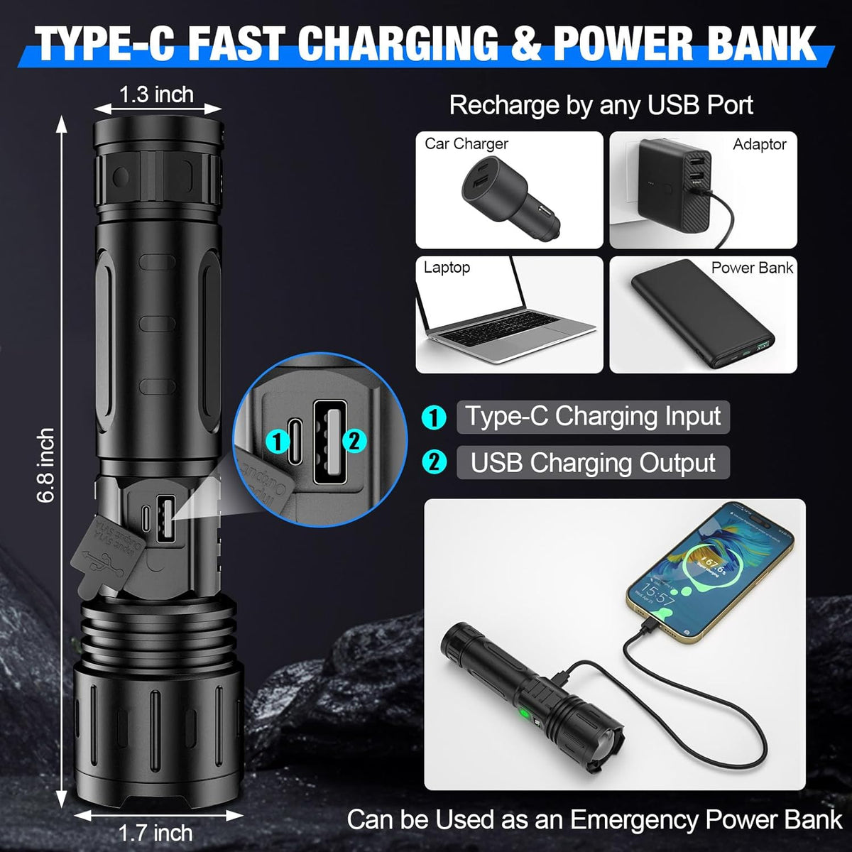 Tactical Flashlight 100000 Lumens & Rechargeable Power Bank
