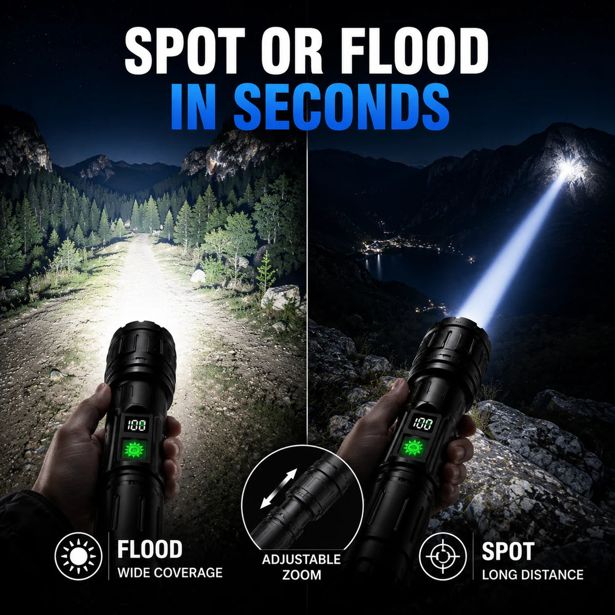 Tactical Flashlight High-Output LED Adjustable Zoom 5000mAh Powerbank