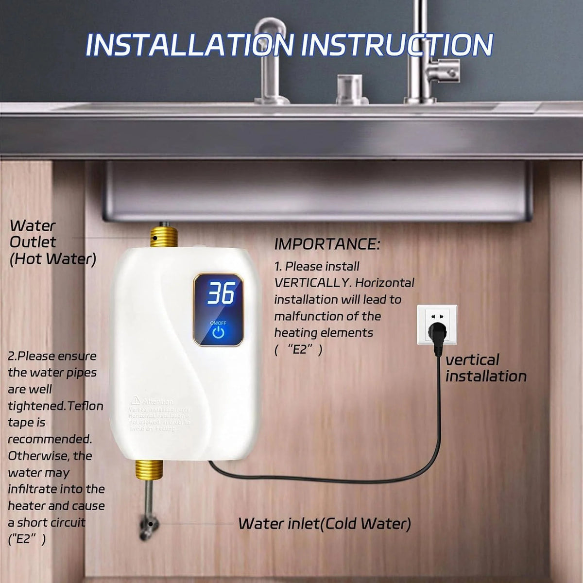 Tankless Water Heater Under-Sink 3000W Digital Display