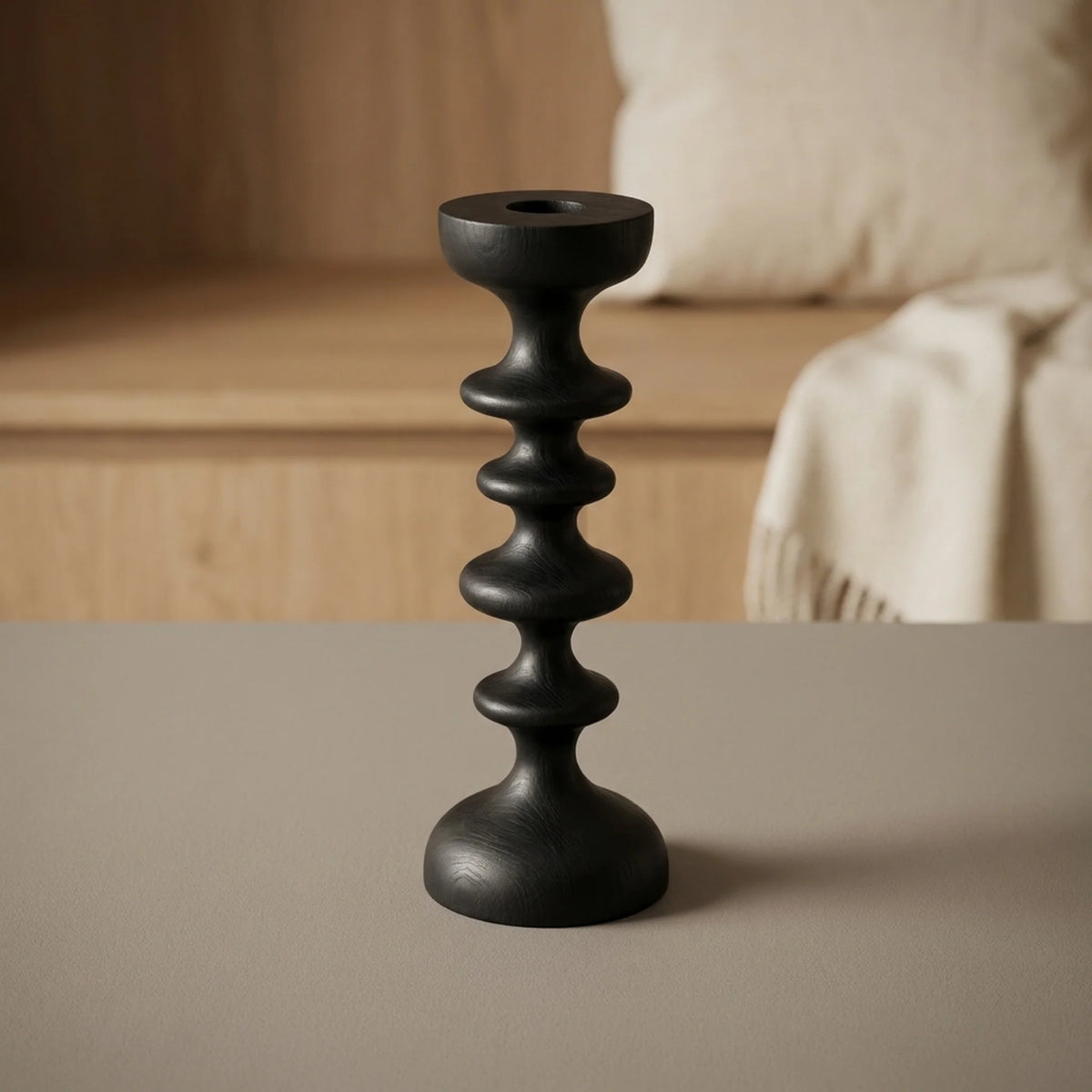 Taper Candle Holder Black Wood Sculptural Silhouette