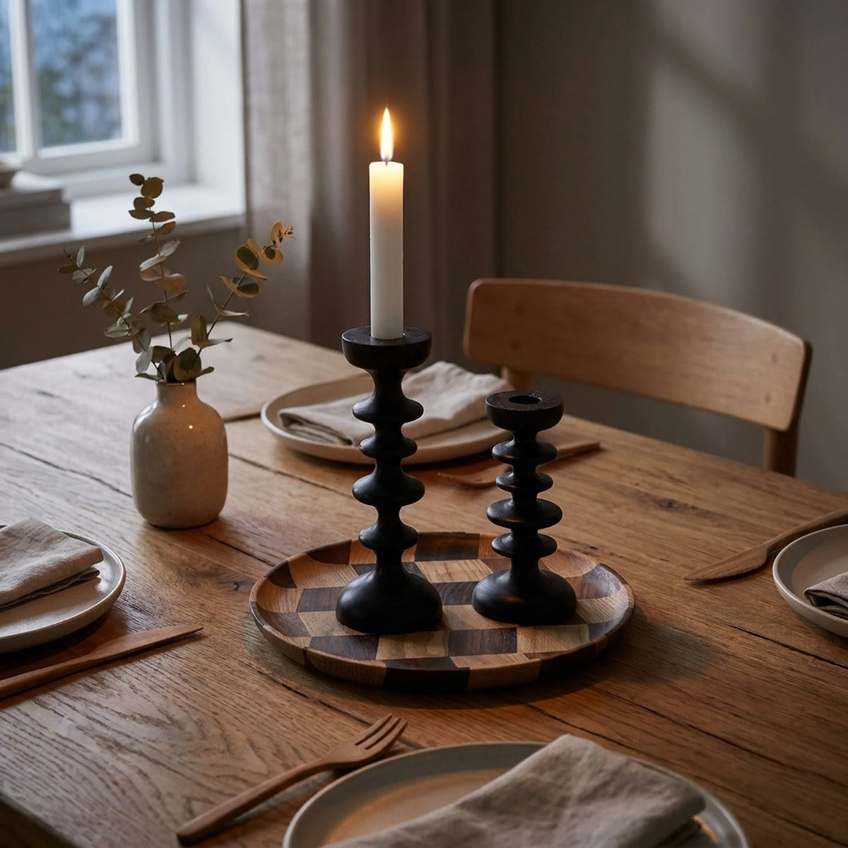 Taper Candle Holder Black Wood Sculptural Silhouette