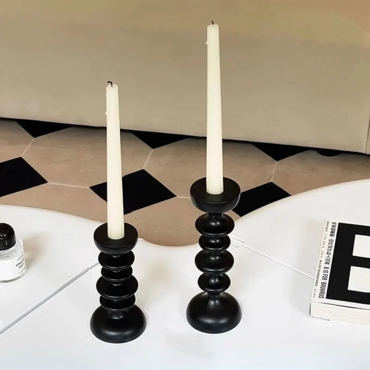 Taper Candle Holder Black Wood Sculptural Silhouette