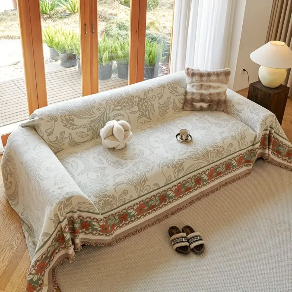 Tasseled Boho Floral Chenille Sofa Cover (Machine Washable)