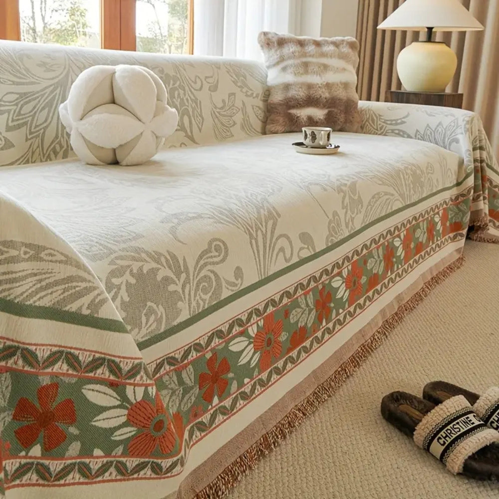 Tasseled Boho Floral Chenille Sofa Cover (Machine Washable)
