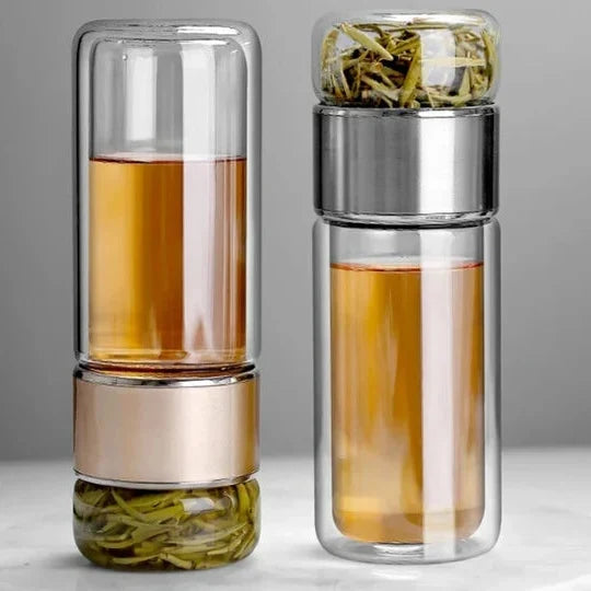 Tea Infuser Bottle Borosilicate Double-Wall Built-In Strainer
