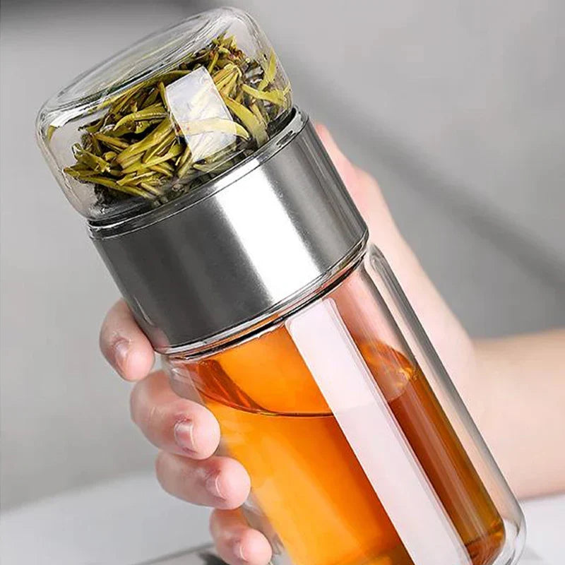 Tea Infuser Bottle Borosilicate Double-Wall Built-In Strainer