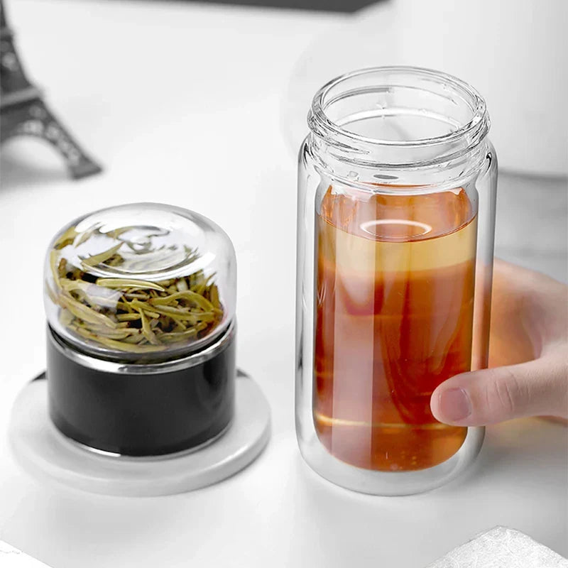 Tea Infuser Bottle Double-Wall Borosilicate Built-In Strainer Leak-Proof Lid