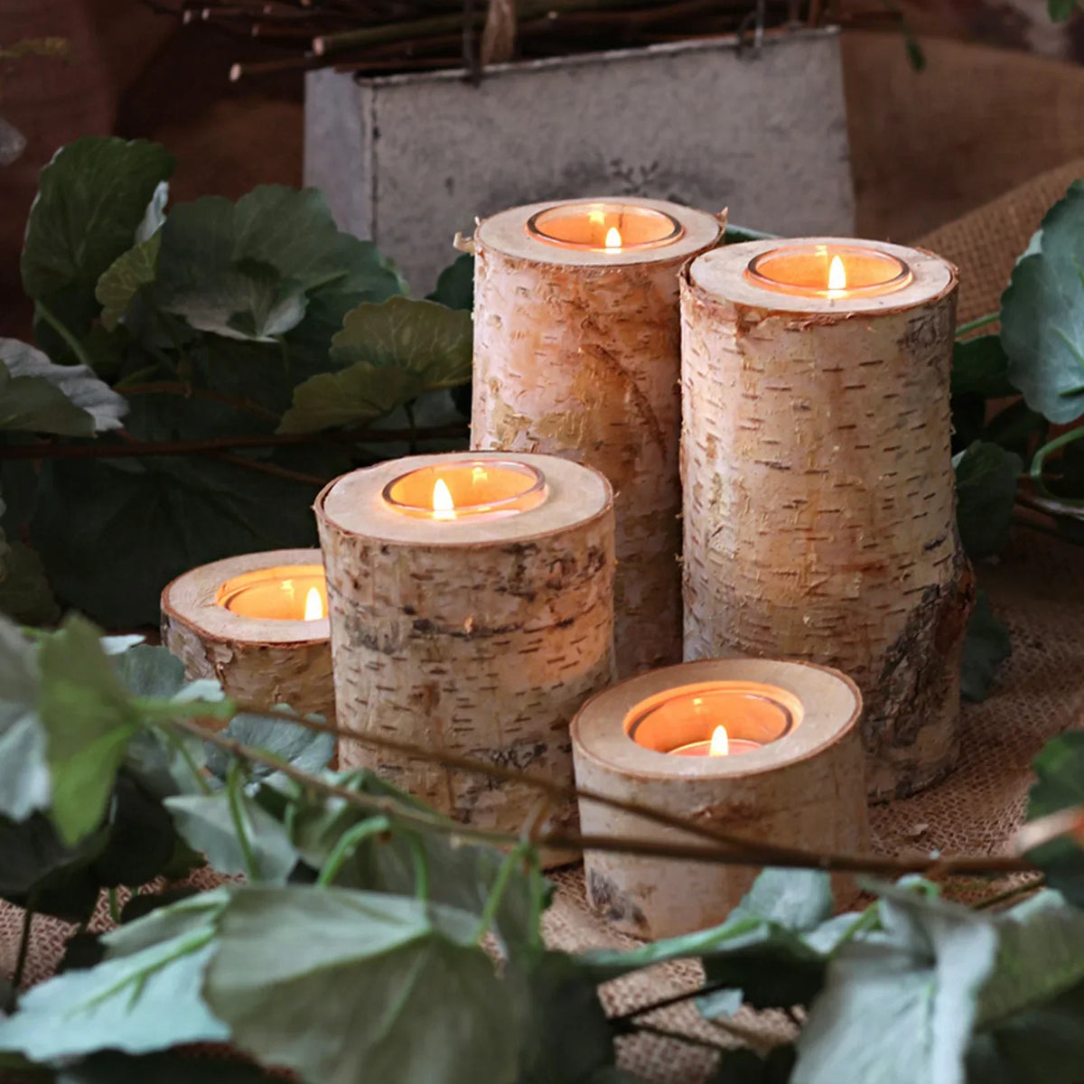 Tealight Holder Hand-Carved Birch Wood Removable Glass Insert
