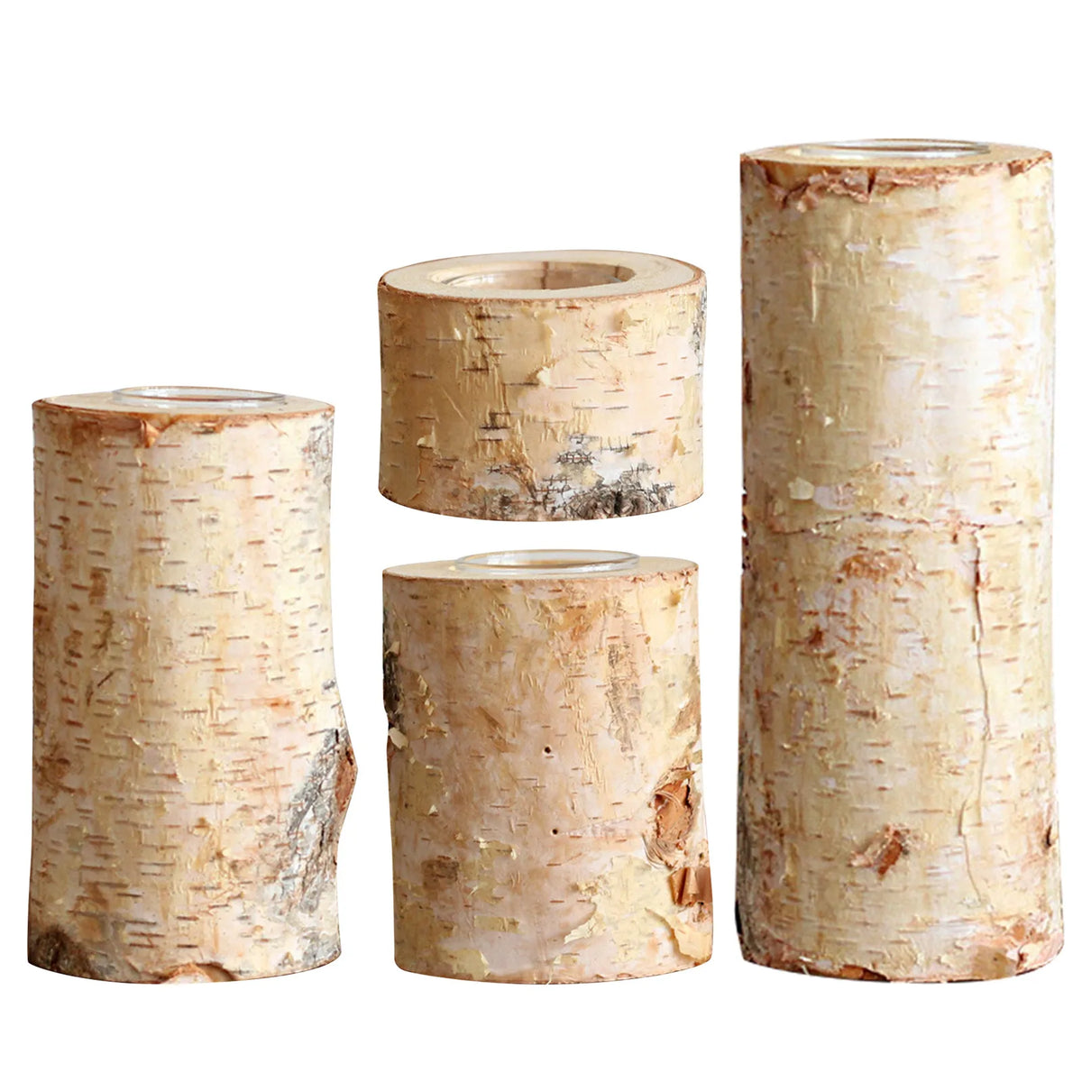Tealight Holder Hand-Carved Birch Wood Removable Glass Insert