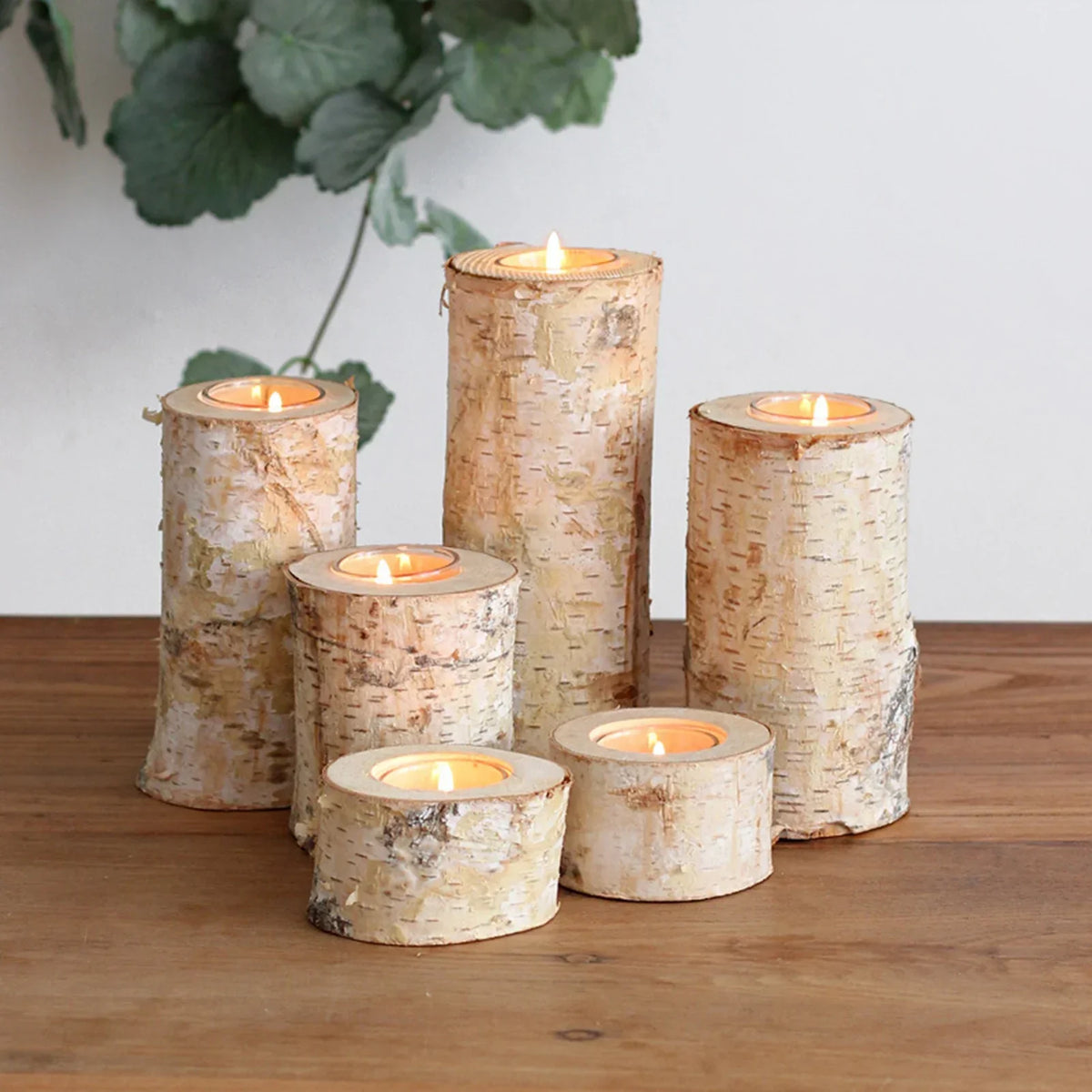 Tealight Holder Hand-Carved Birch Wood Removable Glass Insert
