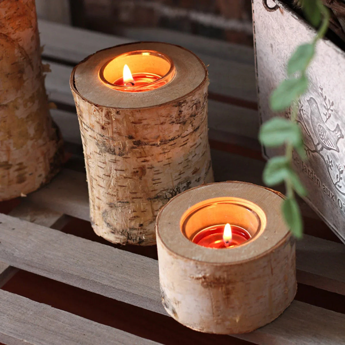 Tealight Holder Hand-Carved Birch Wood Removable Glass Insert