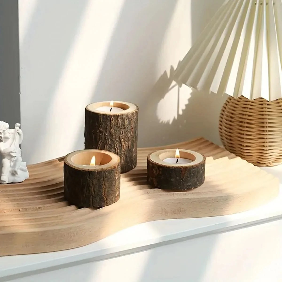 Tealight Holder Set Natural Wood & Glass Set of 3