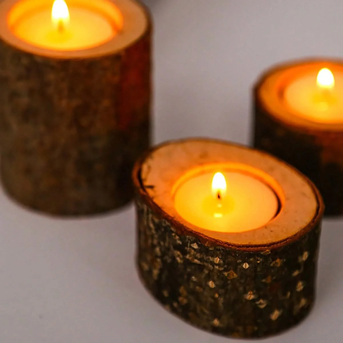 Tealight Holder Set Natural Wood & Glass Set of 3