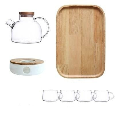 Teapot Set Borosilicate Glass Oak Tray & Tealight Warmer