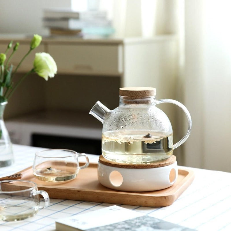 Teapot Set Borosilicate Glass Oak Tray & Tealight Warmer