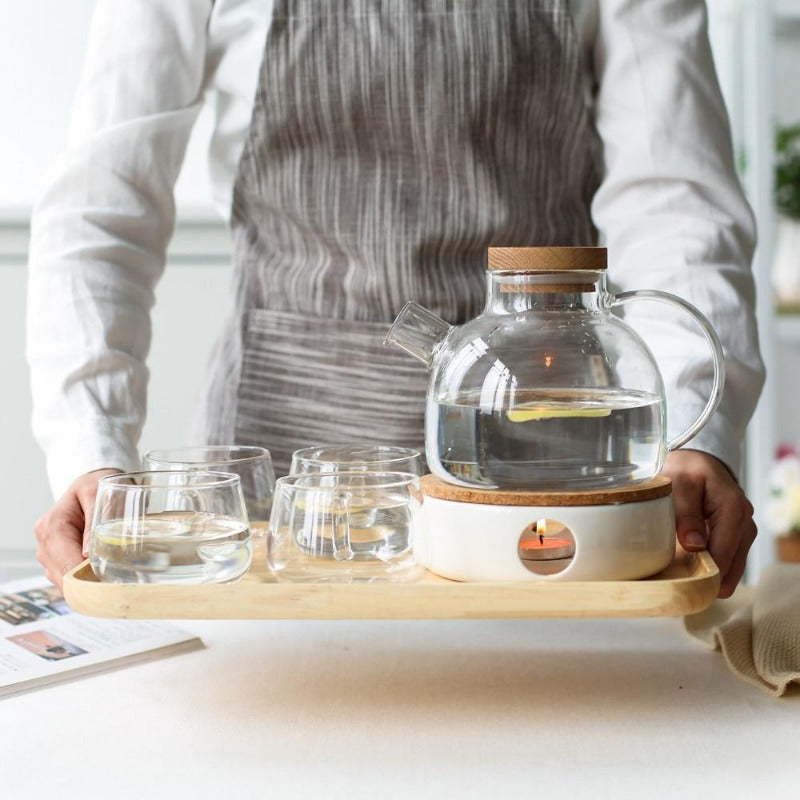 Teapot Set Borosilicate Glass Oak Tray & Tealight Warmer