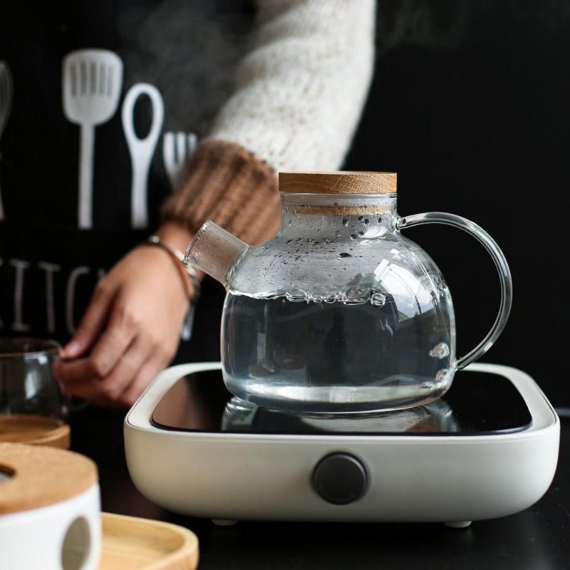 Teapot Set Borosilicate Glass Oak Tray & Tealight Warmer