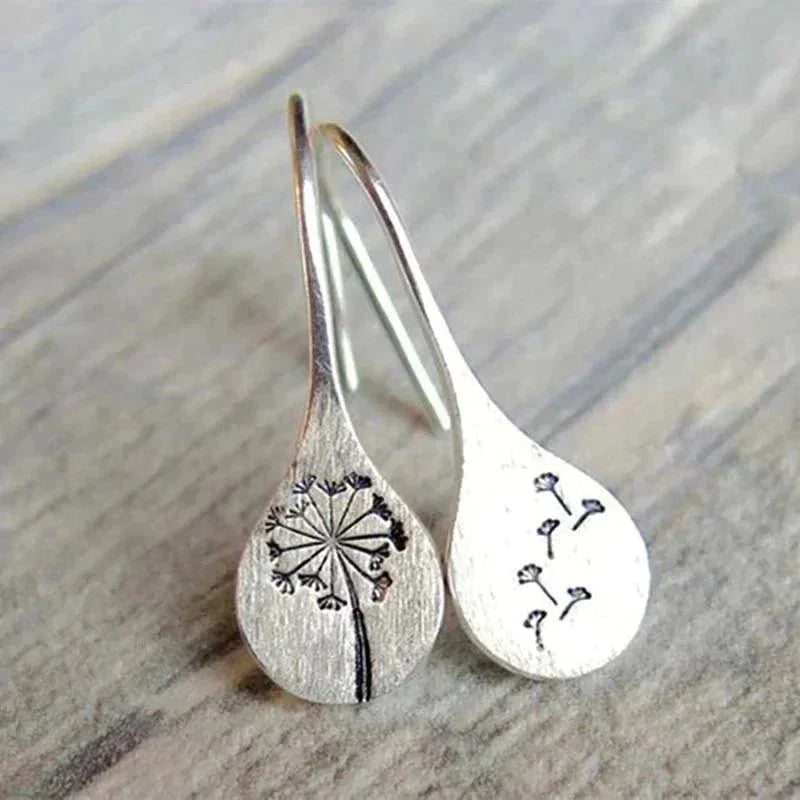 Teardrop Earrings Sterling Silver Dandelion Design Hook Closure