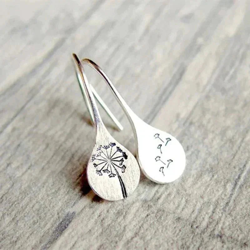 Teardrop Earrings Sterling Silver Dandelion Design Hook Closure