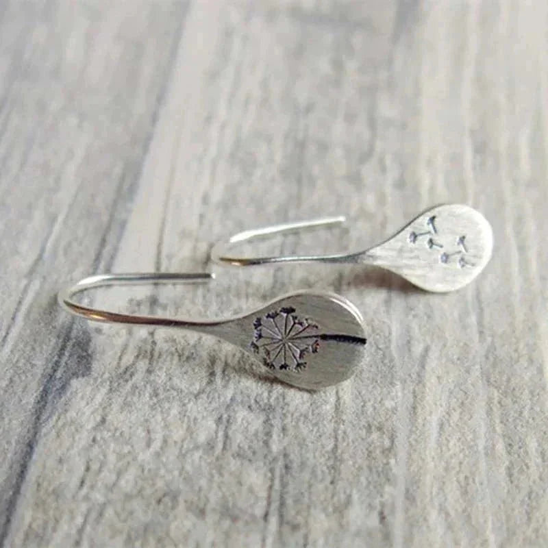 Teardrop Earrings Sterling Silver Dandelion Design Hook Closure