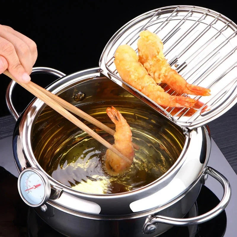 Tempura Frying Pan Stainless Steel Built-In Thermometer