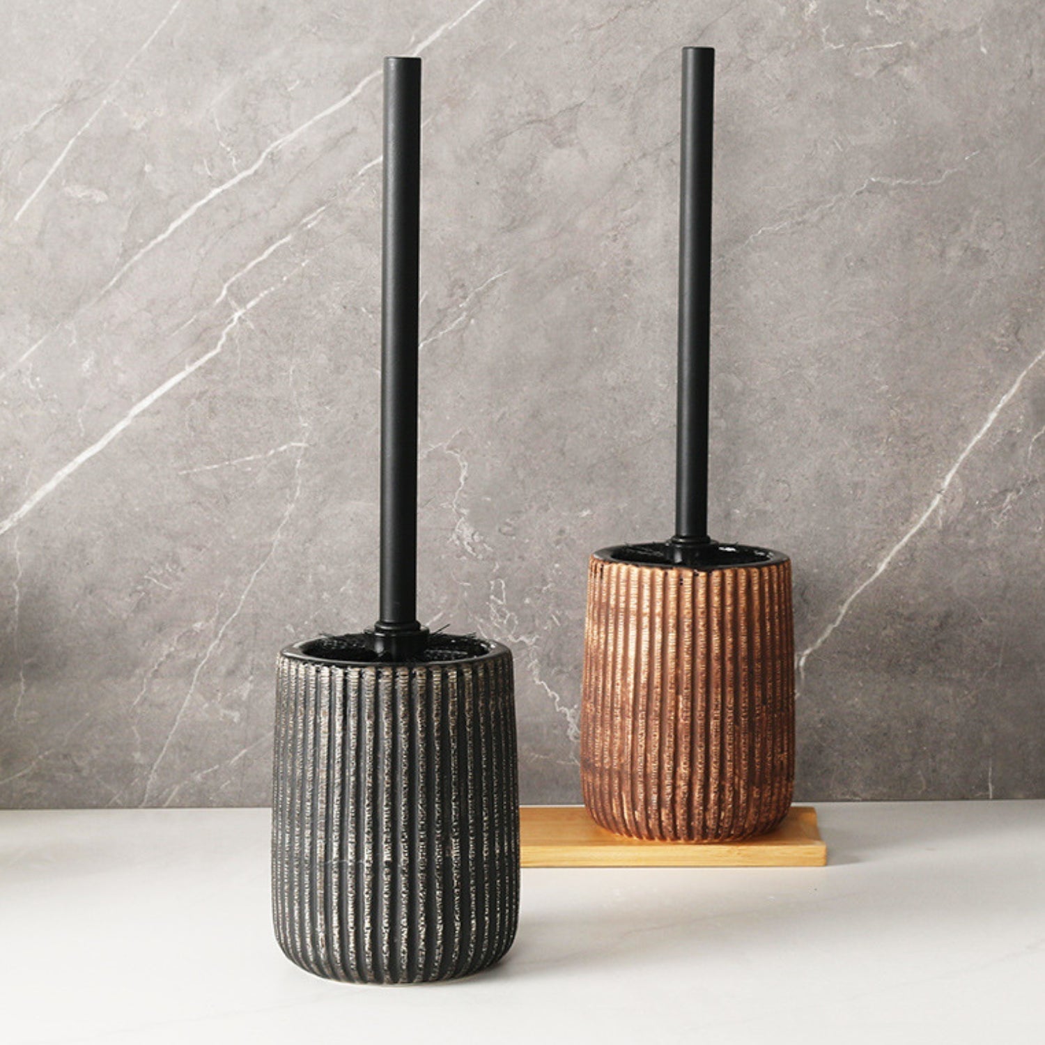 Textured Ceramic Long-Handle Toilet Brush & Holder (Floor-Mounted)