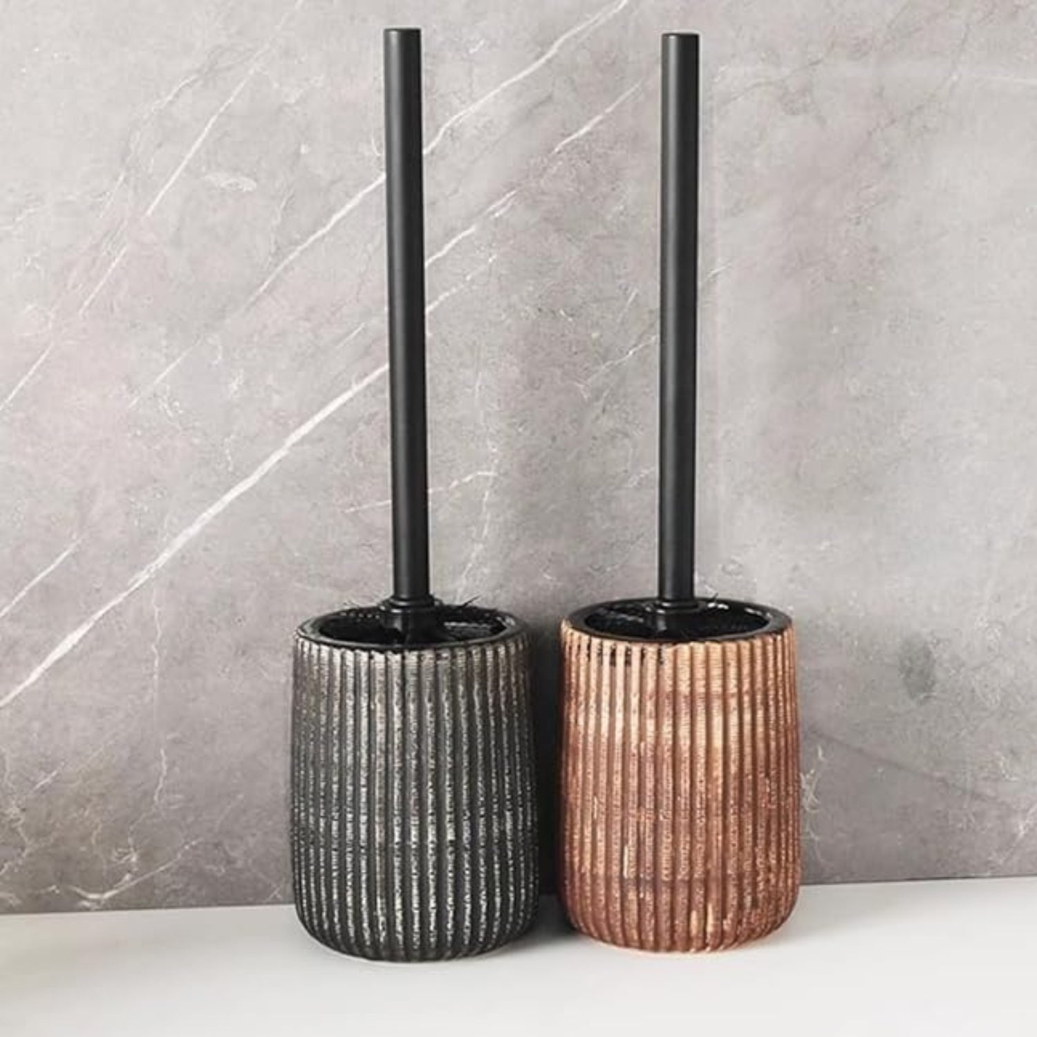 Textured Ceramic Long-Handle Toilet Brush & Holder (Floor-Mounted)