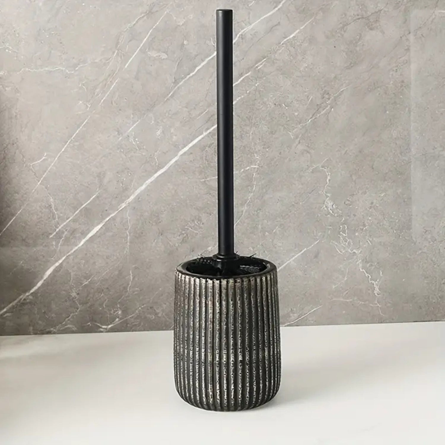 Textured Ceramic Long-Handle Toilet Brush & Holder (Floor-Mounted)