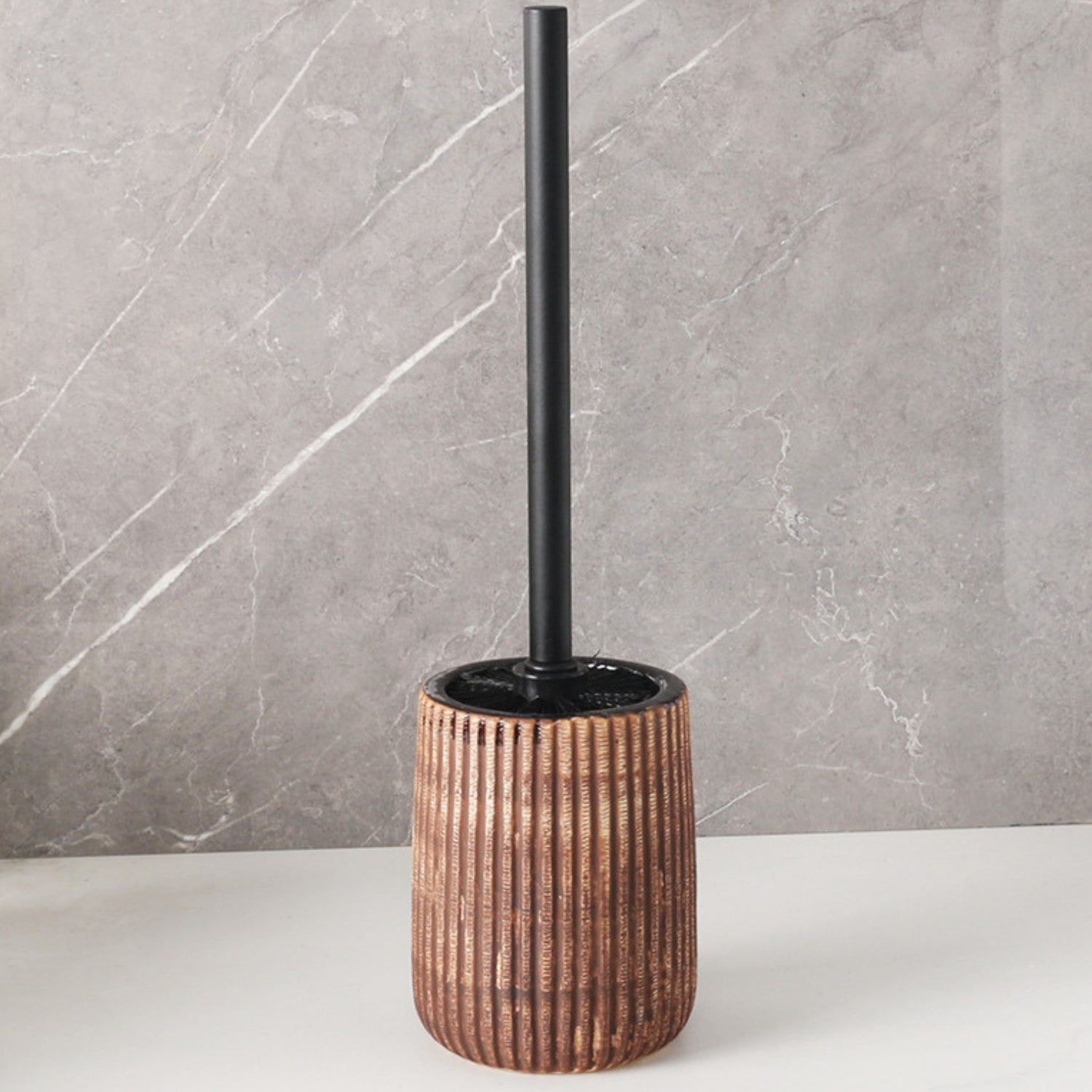 Textured Ceramic Long-Handle Toilet Brush & Holder (Floor-Mounted)