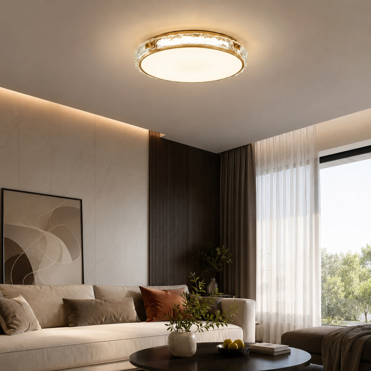 Textured Copper & Glass Diffuser Flush Mount Ceiling Light (Trichromatic)