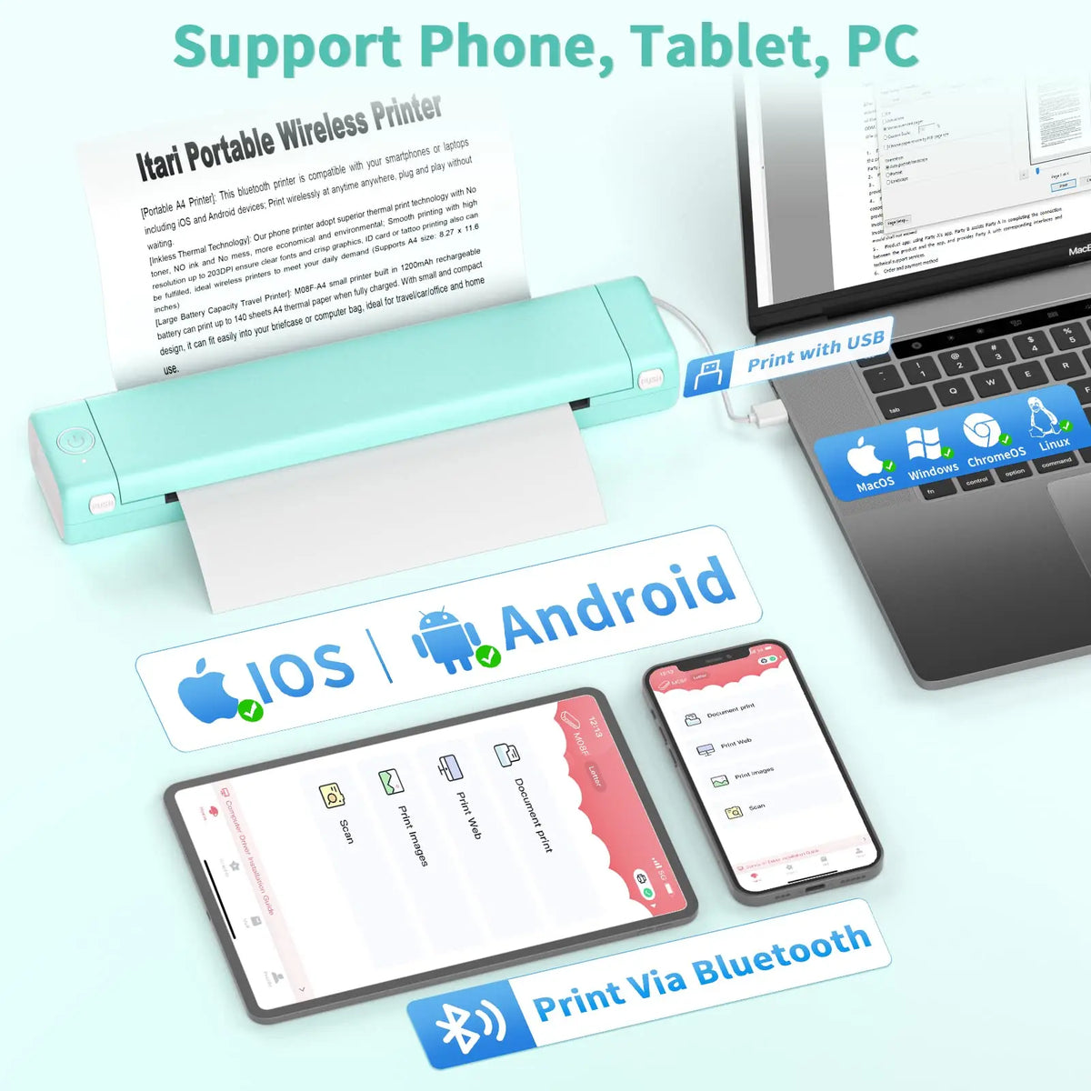 Thermal Printer Inkless Bluetooth Portable